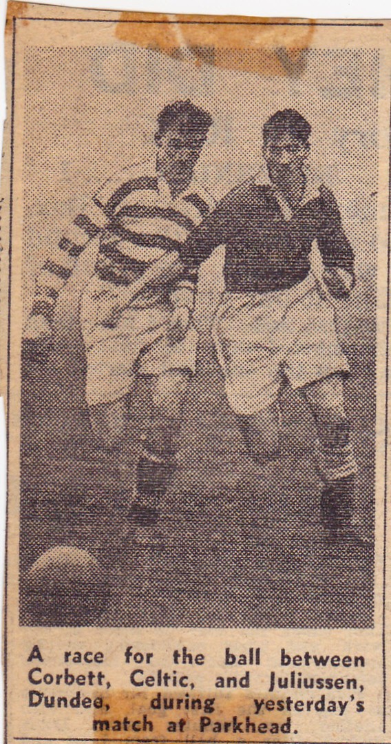 A race for the ball between Corbett, Celtic, and Juliussen, Dundee at Parkhead
