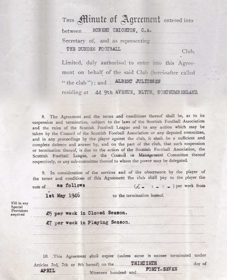 The contract between Dundee Football Club and Albert Juliussen from 1946
